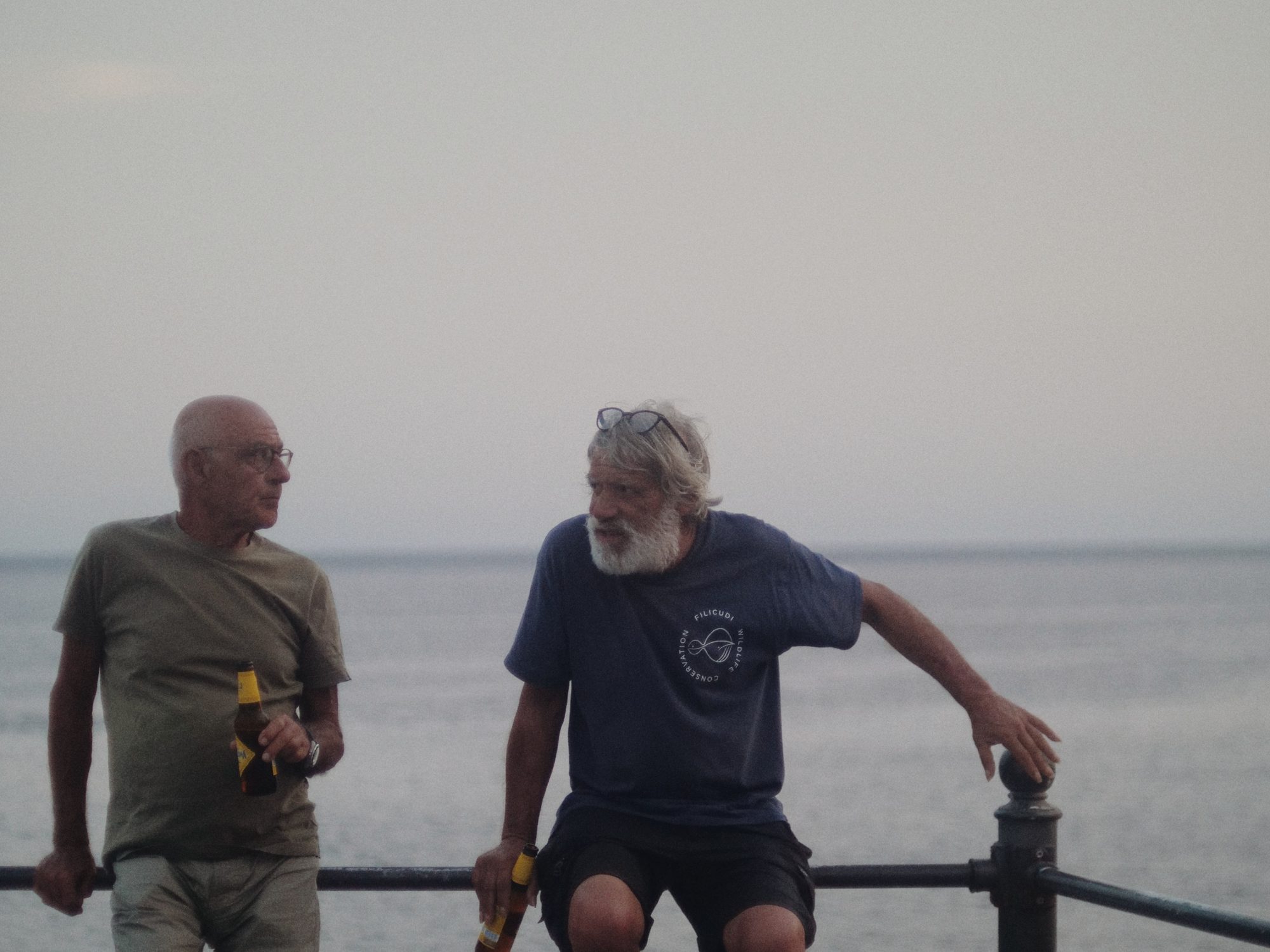 Two men talking on a sea railing at dusk